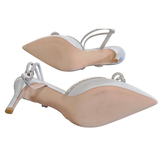 Susanny Size 12 Heel Womens White Satin Shoes Rhinestone Strappy Closed Toe Bow - Picture 6 of 7